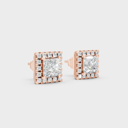 Rose Gold Princess Round Diamond Halo Earrings 0.64 Ct Each Ethical Lab Grown Jewelry