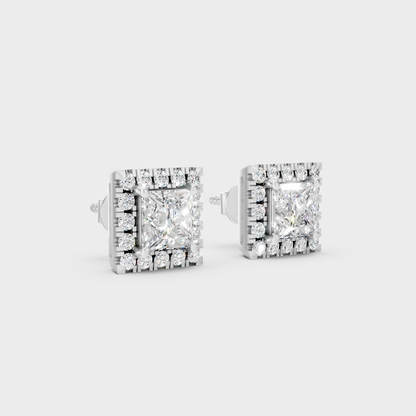 Platinum 950 Princess Round Diamond Halo Earrings 1.28 Ct Lab Grown Luxury Design