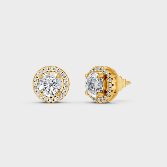2.90 Ct Total Halo Round Lab Grown Diamond Stud Earrings In Yellow Gold Luxury Jewelry