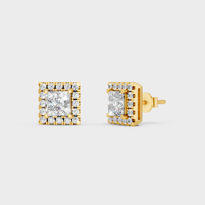 1.28 Ct Total Princess Round Lab Grown Diamond Halo Earrings In Yellow Gold Luxury Jewelry