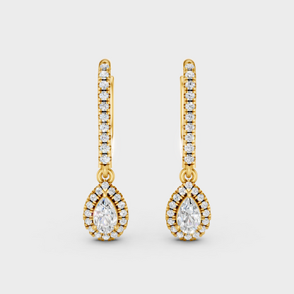 Elegant Yellow Gold Round Pear Diamond Drop Earrings 0.83 Ct Designer Jewelry