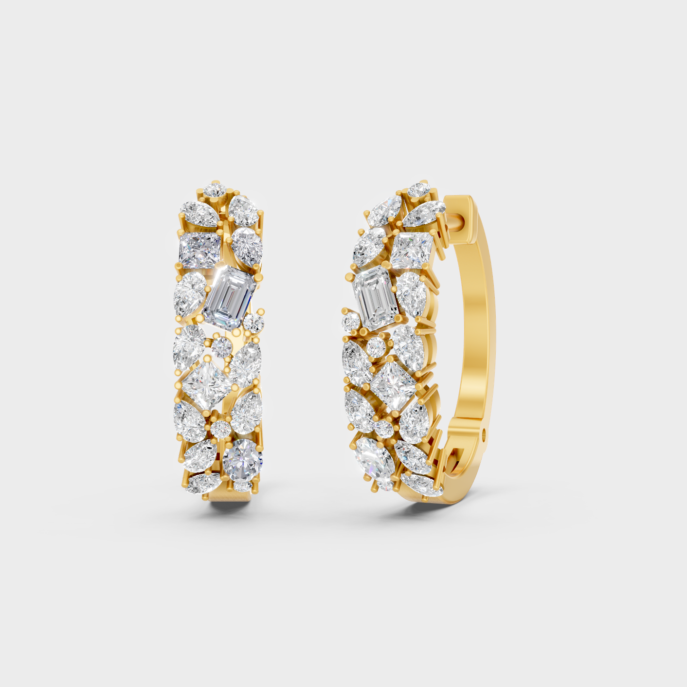 0.80 Ct Total Multi Shape Lab Grown Diamond Hoop Earrings In Yellow Gold Designer Jewelry