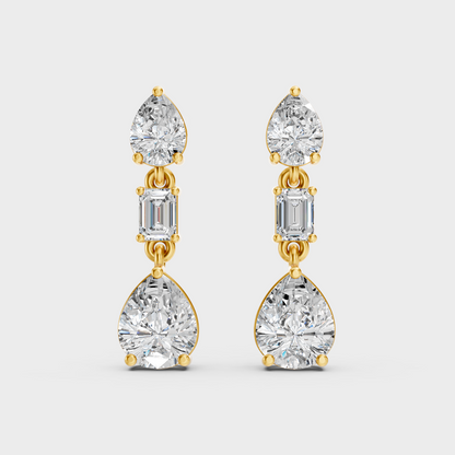 Elegant Yellow Gold Emerald Pear Diamond Drop Earrings 5.60 Ct Designer Statement Jewelry