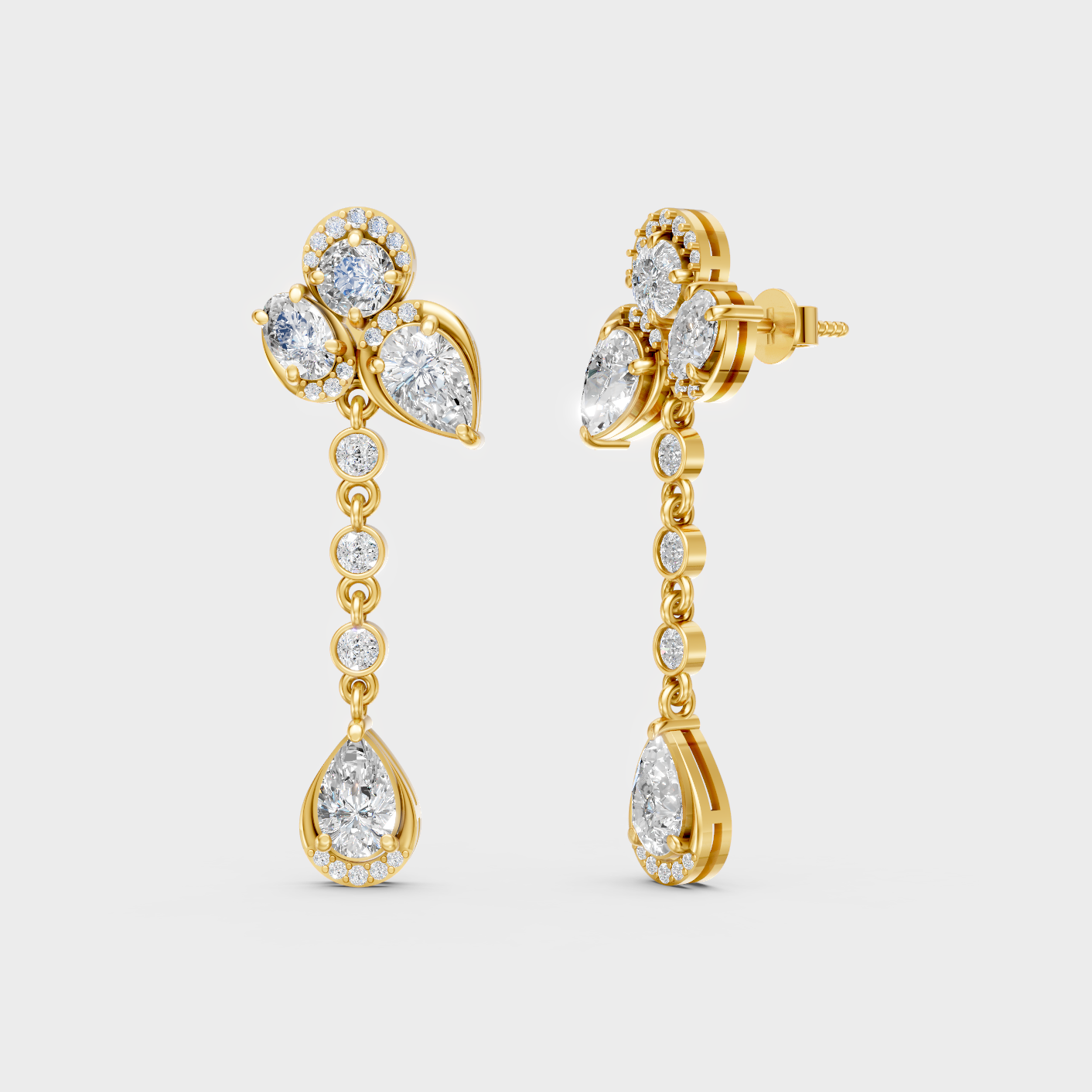 5.57 Ct Total Round Oval Pear Lab Grown Diamond Drop Earrings In Yellow Gold Luxury Jewelry