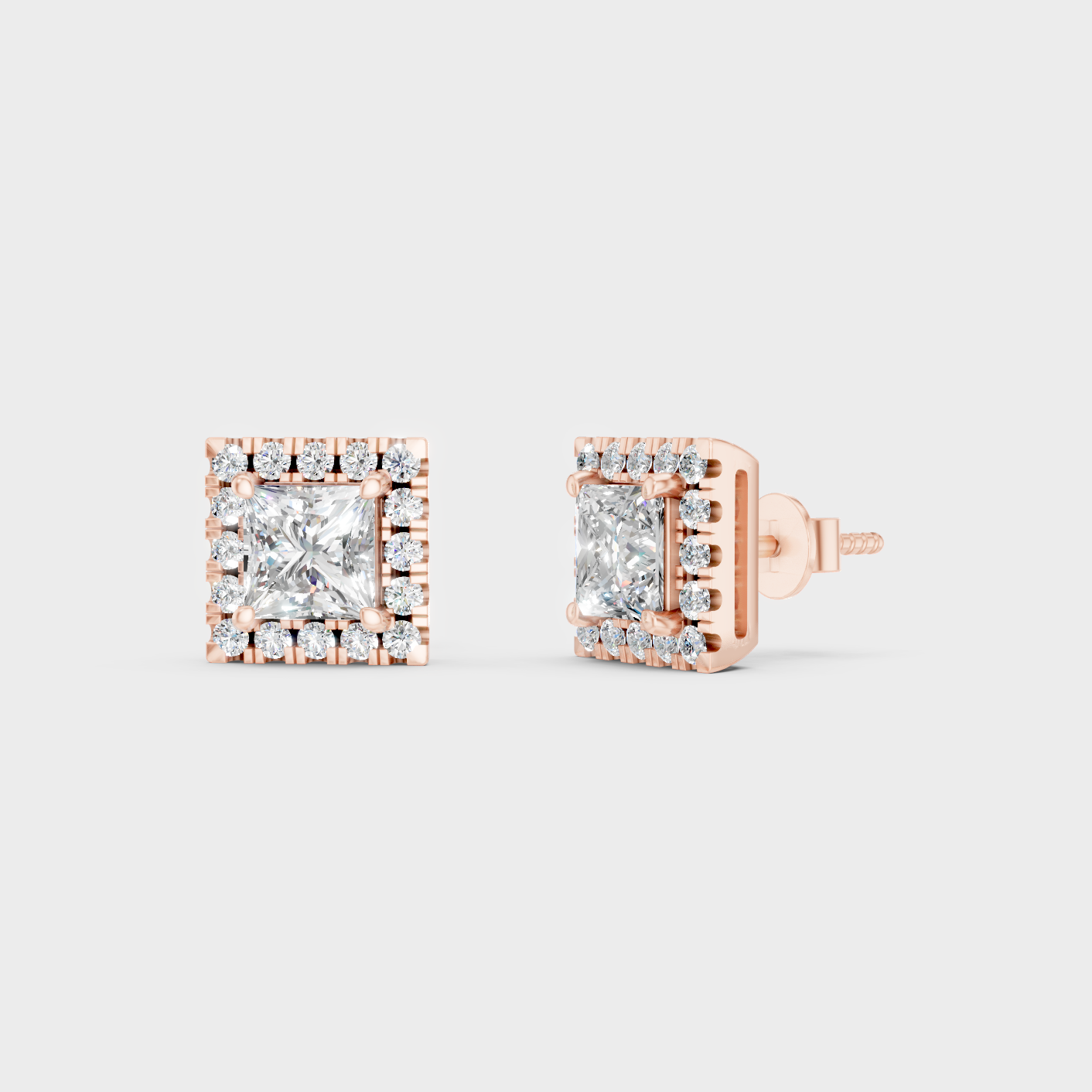 0.64 Ct Each Princess Round Diamond Halo Earrings Lab Grown In Rose Gold Elegant Style