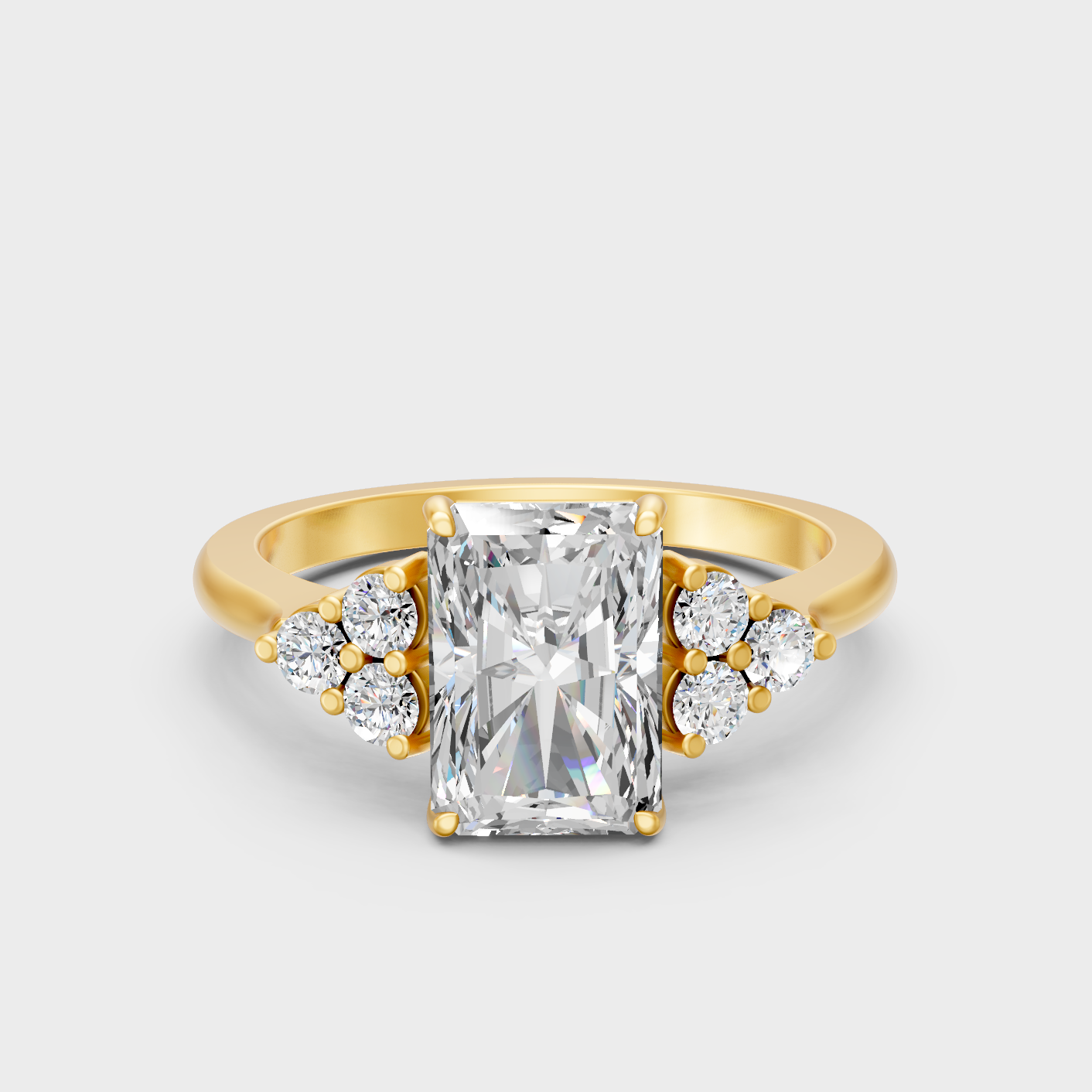 Luxury Radiant Cut Diamond Ring In Yellow Gold With Round Accents
