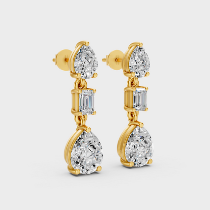 Yellow Gold Emerald Pear Diamond Drop Earrings 5.60 Ct Lab Created Brilliant Sparkle