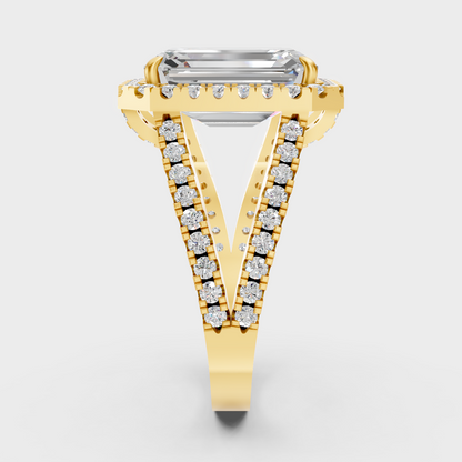 Yellow Gold Emerald Anniversary Halo Ring With Round Diamonds