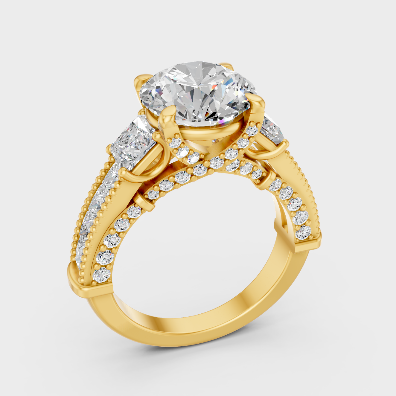 4.34 Ct Round Princess Diamond Ring In Yellow Gold Fine Jewelry