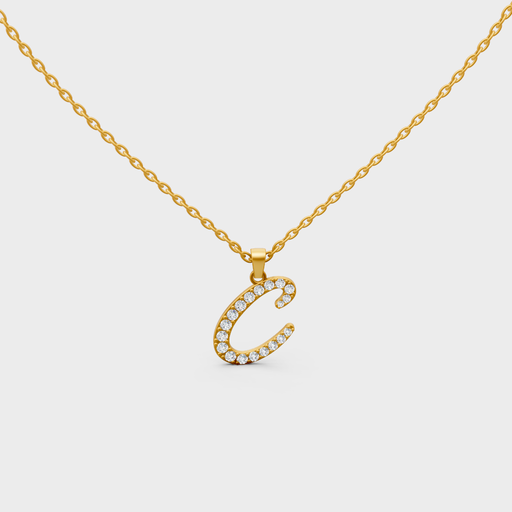 Close Up of Initial Letter C Sustainable Diamond Pendant and 18K Yellow Gold Chain