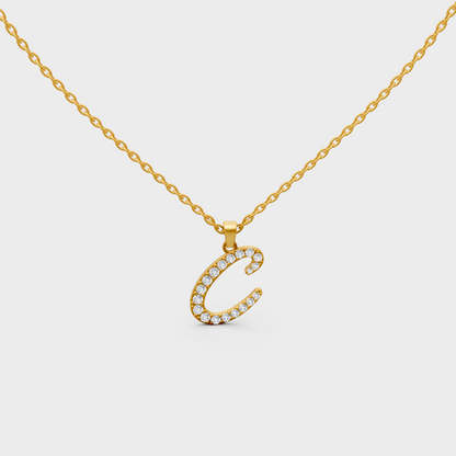 Close Up of Initial Letter C Sustainable Diamond Pendant and 18K Yellow Gold Chain