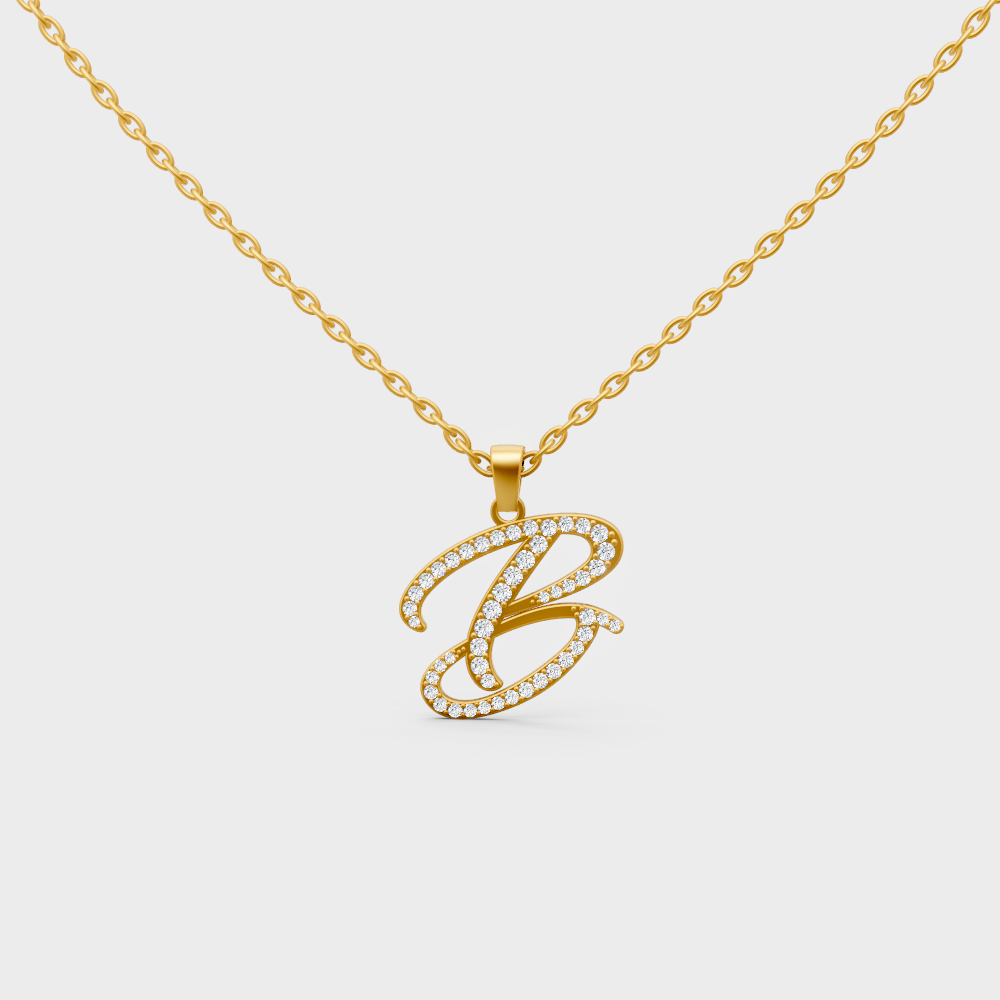 Front View of "B" Alphabet Lab Grown Diamond Pendant in 14K Yellow Gold Link Chain