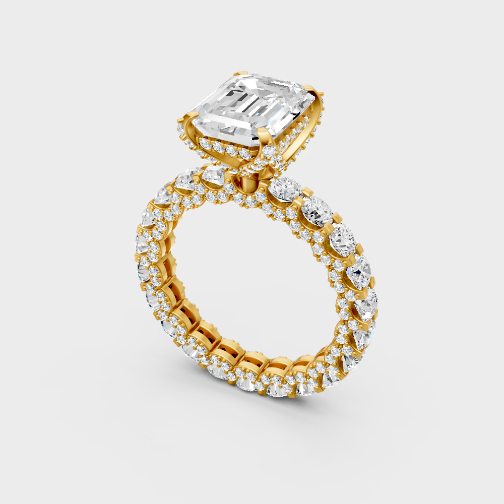 Classic 14K Yellow Gold Engagement Ring Featuring A Massive 7.28Ct Emerald Lab Diamond